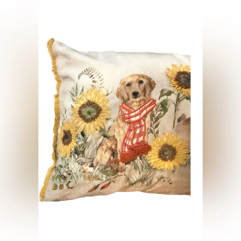 Sunflowers and puppy dog printed fringed rectangular decor accent pillow new‎